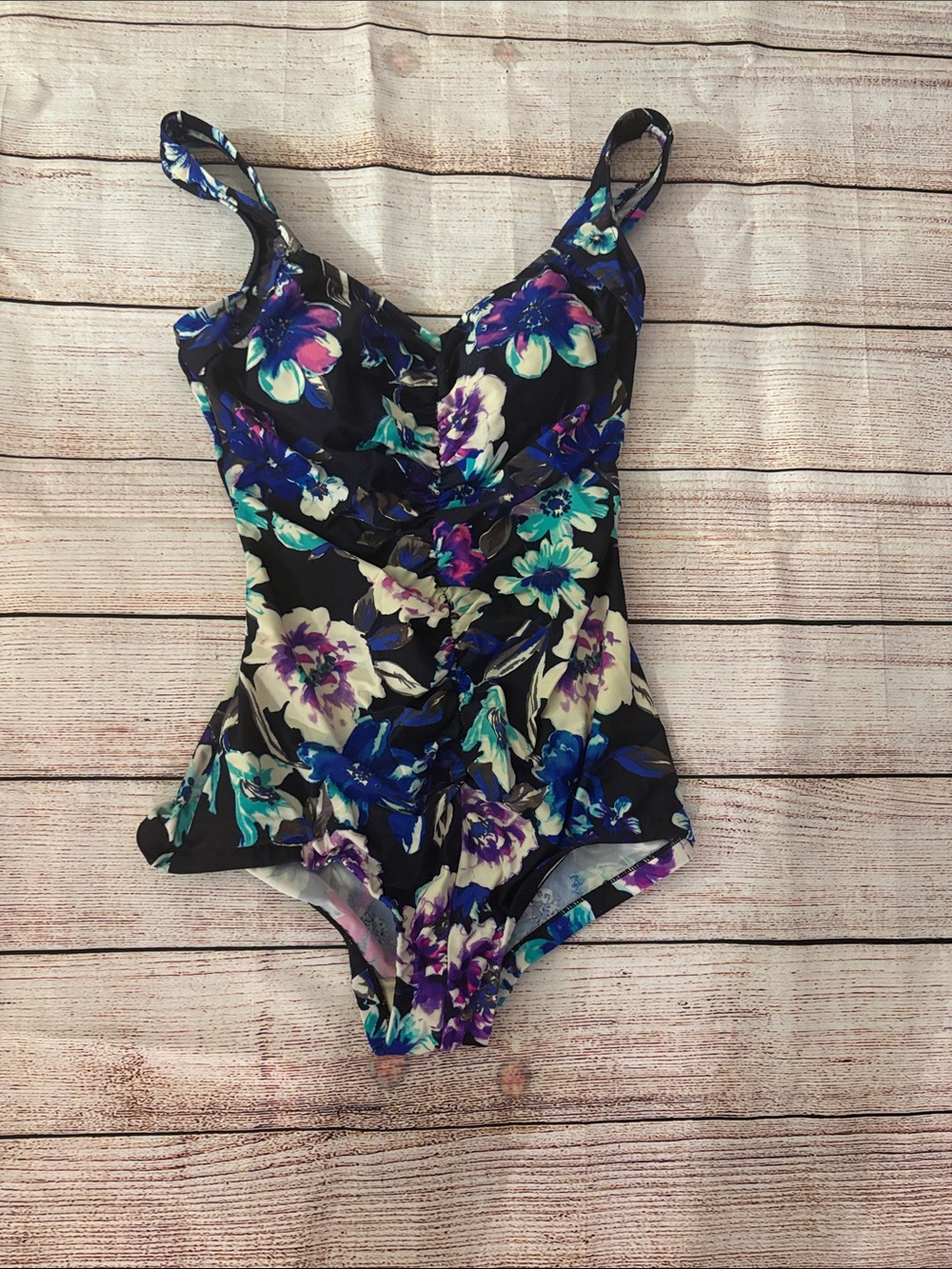 Floral One-Piece Women’s Swimsuit in Black and Blue